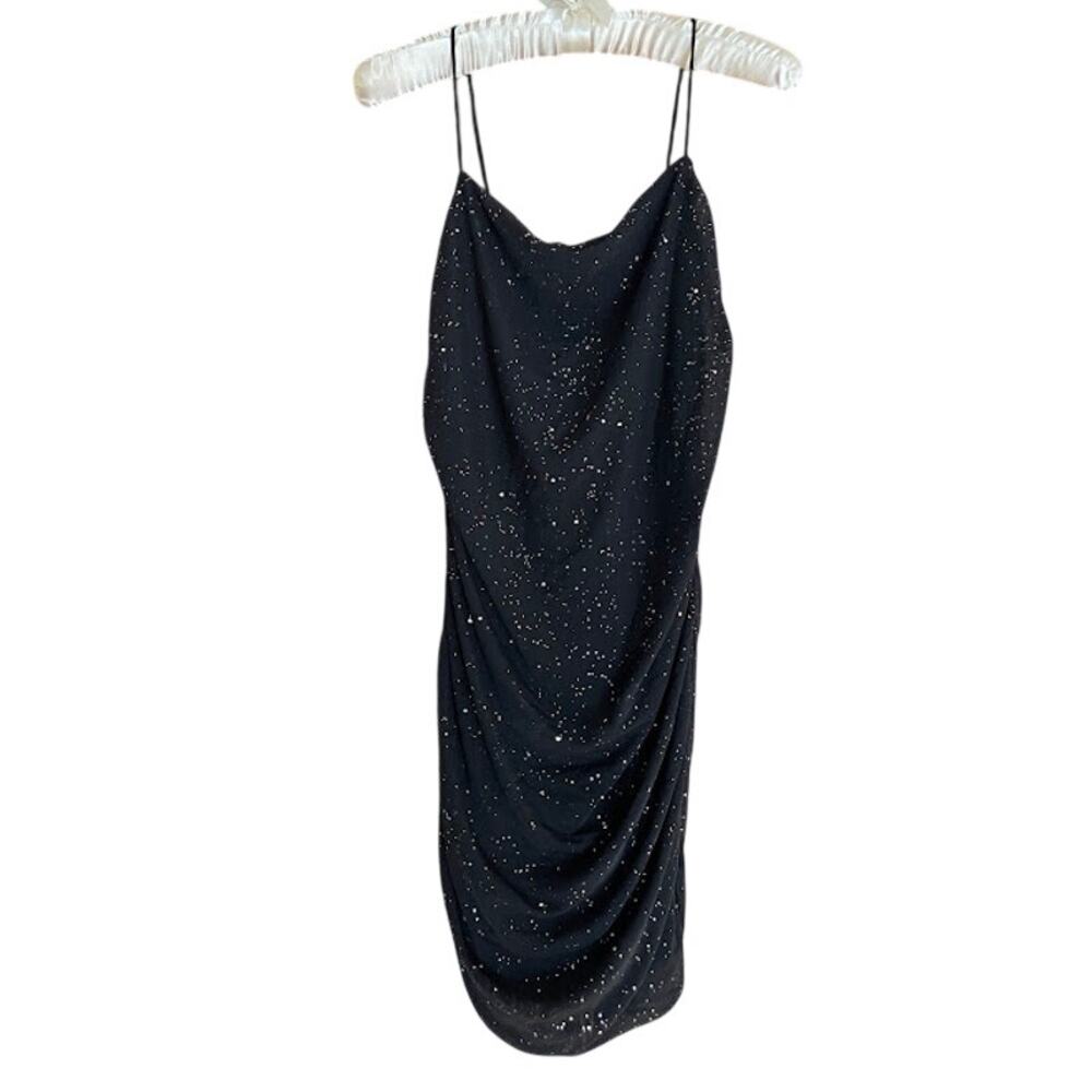 Windsor Black Glitter V-Neck Ruched Bodycon Mini Dress - Size Medium